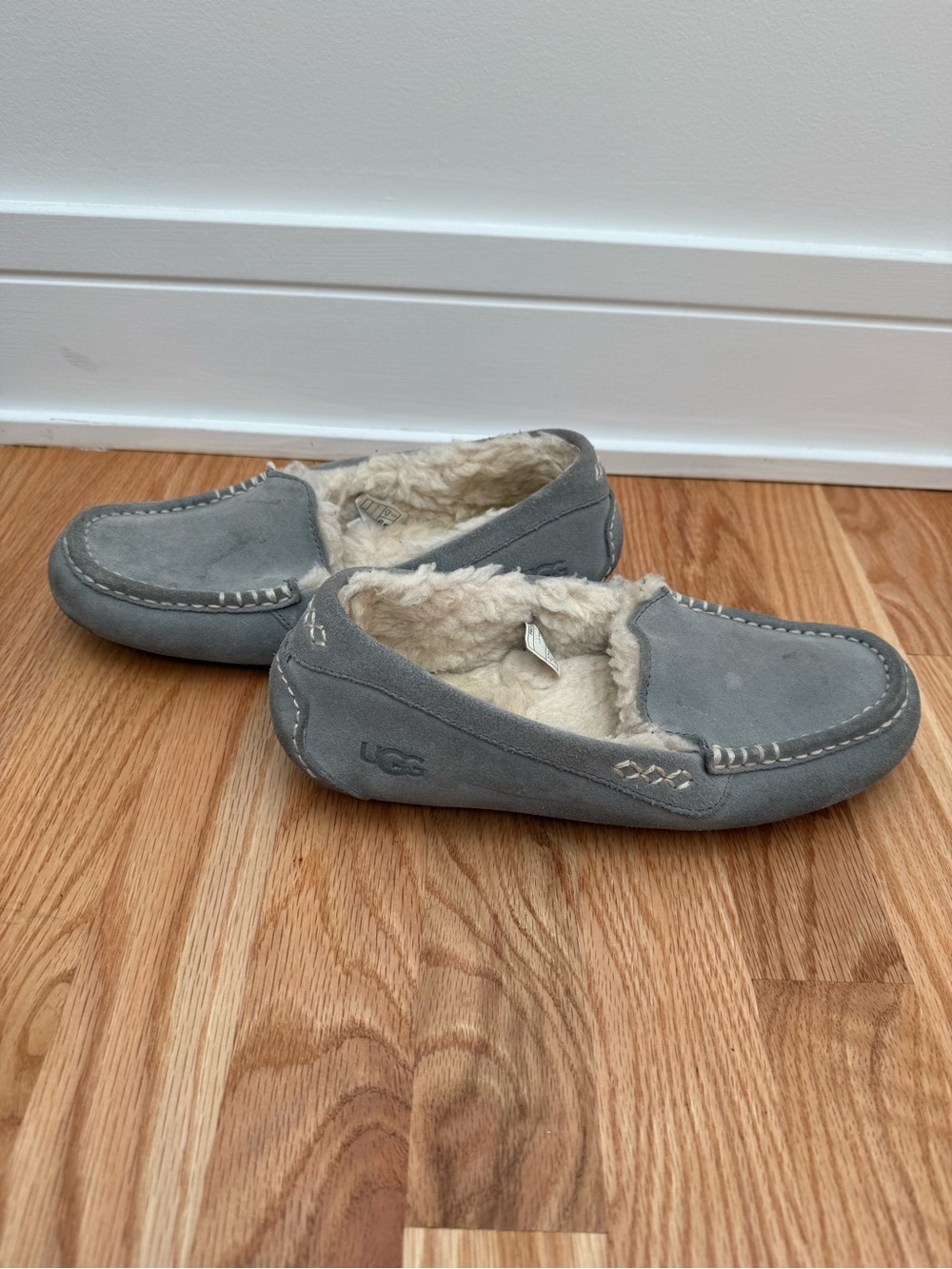 UGG Grey Shearling-Lined Moccasin Slippers, size 8